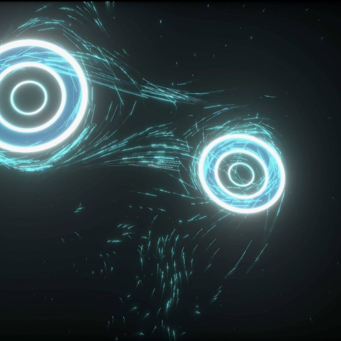 TRON Particles Disc: two glowing concentric-ring discs with swirling cyan particle streaks and hand-tracking points