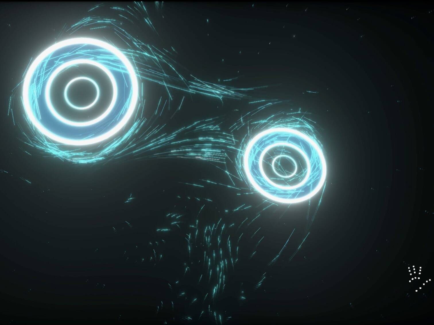 TRON Particles Disc: two glowing concentric-ring discs with swirling cyan particle streaks and hand-tracking points