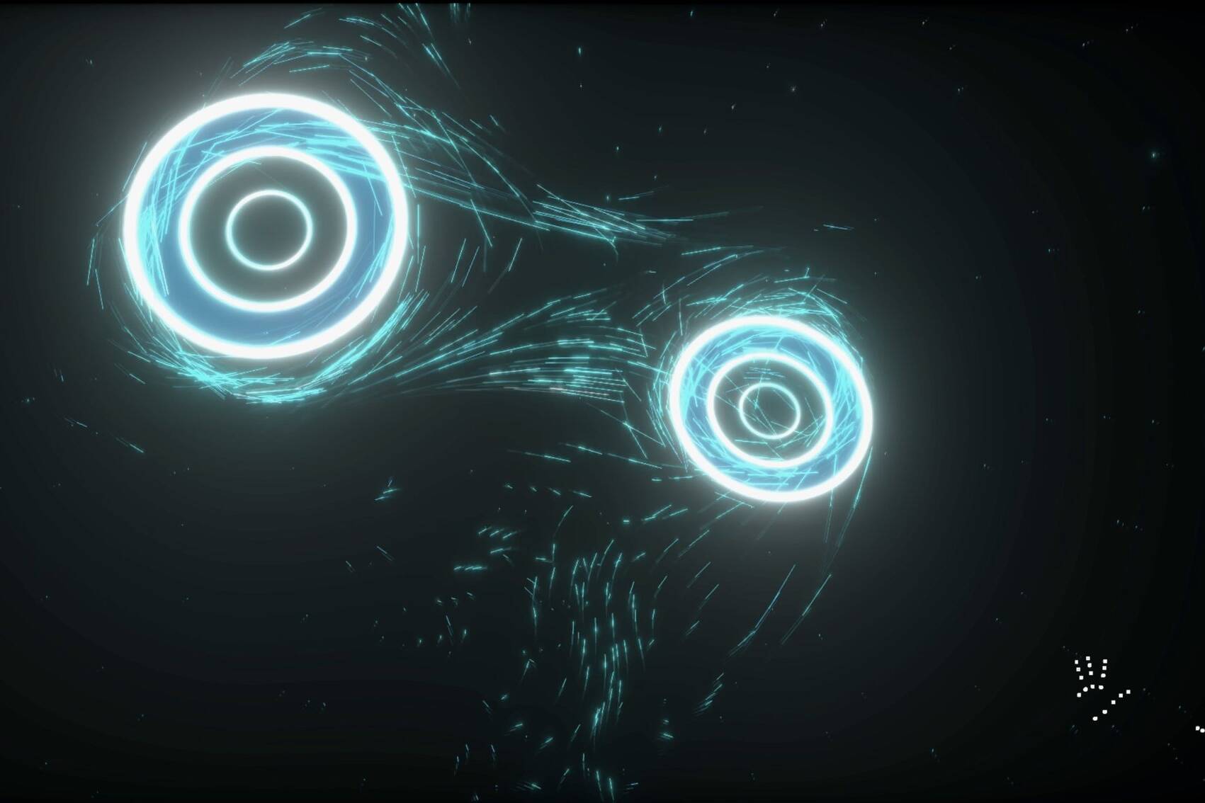 TRON Particles Disc: two glowing concentric-ring discs with swirling cyan particle streaks and hand-tracking points